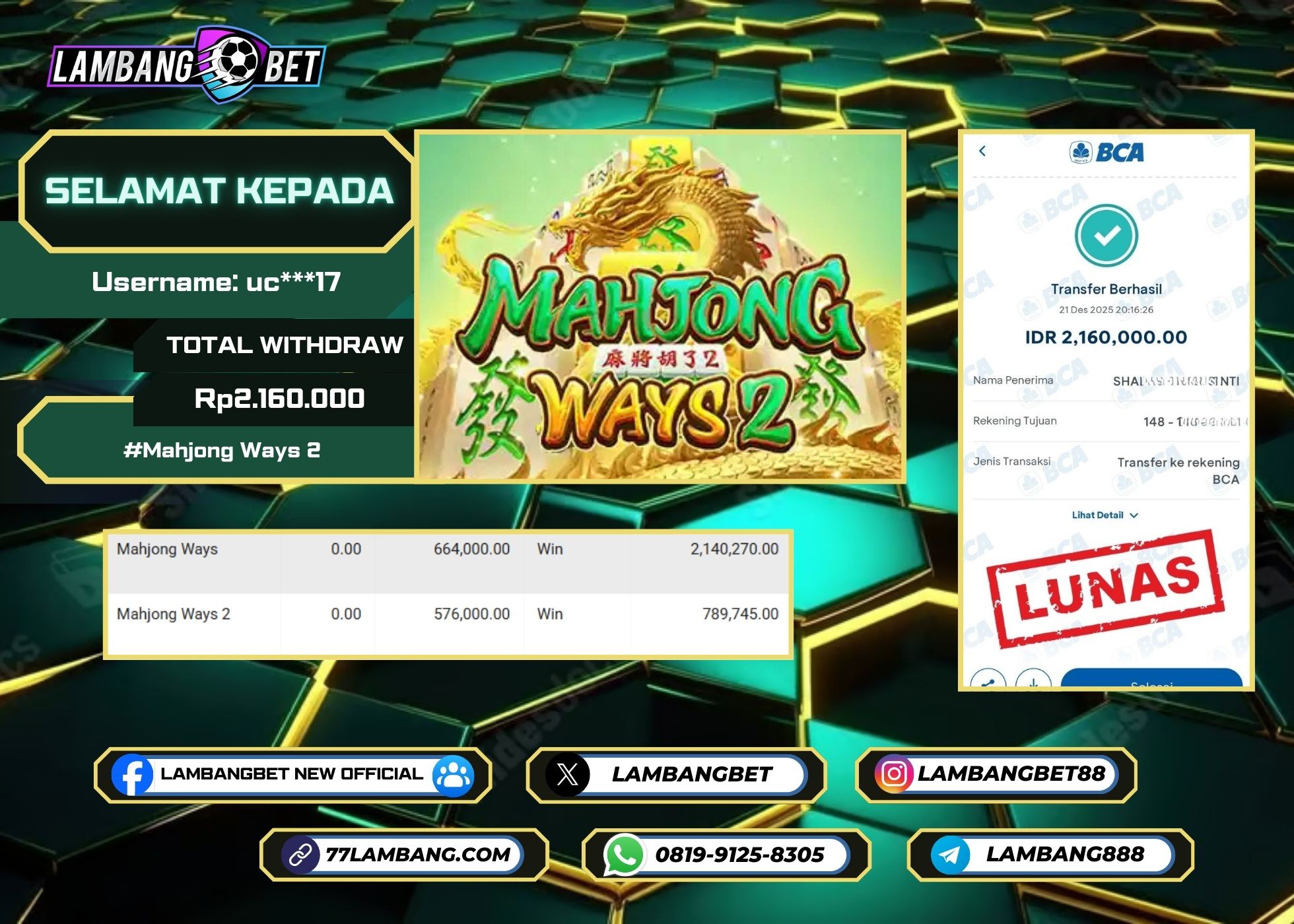 LAMBANGBET [21 DESEMBER 2025] JACKPOT SLOT Mahjong Ways 2 "Rp2.160.000" LUNAS